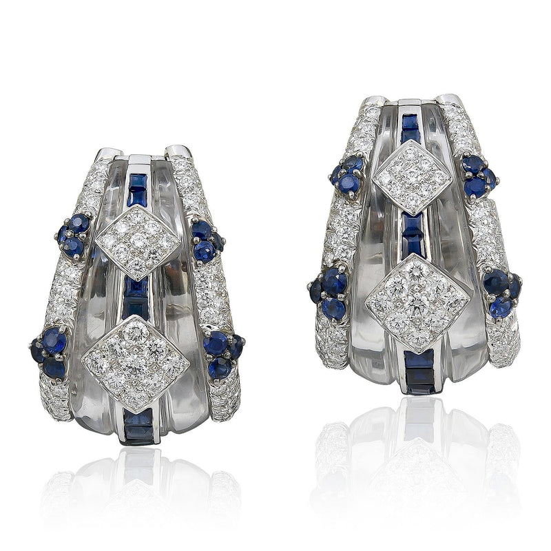 DAVID WEBB Carved Rock Crystal, Sapphire and Diamond Ear Clips