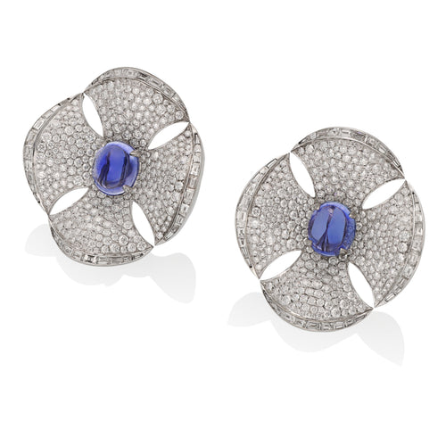 BULGARI Maltese Flower Cabochon Sapphire Ear Clips