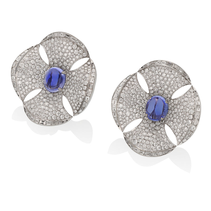 BULGARI Maltese Flower Cabochon Sapphire Ear Clips