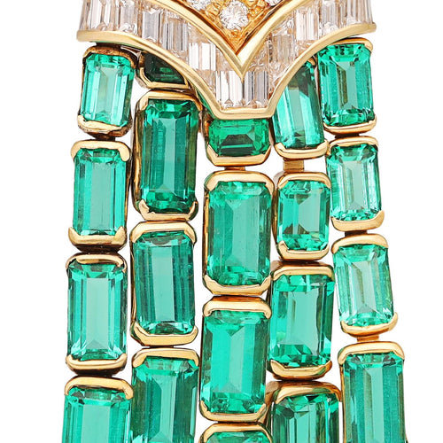 BVLGARI 18K Yellow Gold, No-Oil Emerald and Diamond Ear Clips