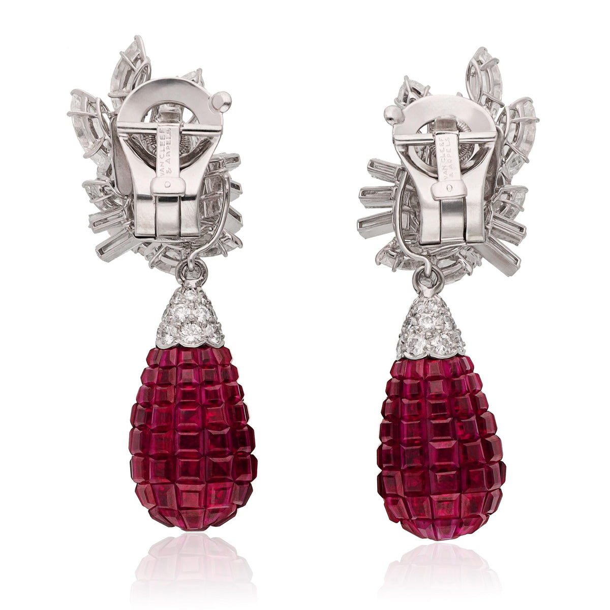 VAN CLEEF & ARPELS Diamond Cluster and Ruby Pendant 'Mystery-Set' Ear Clips