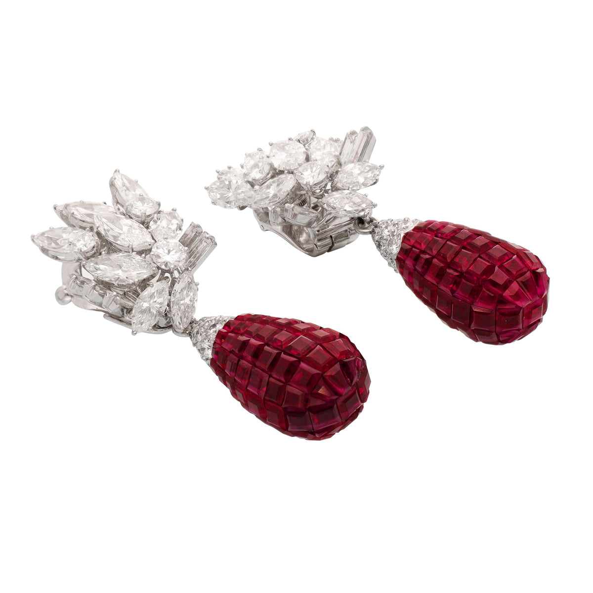 VAN CLEEF & ARPELS Diamond Cluster and Ruby Pendant 'Mystery-Set' Ear Clips