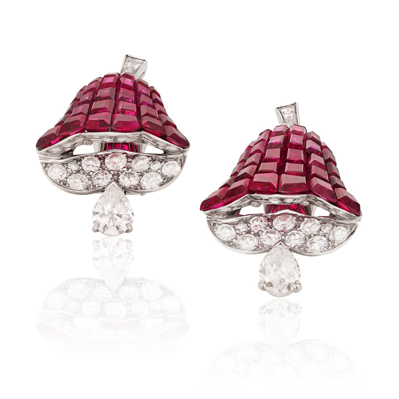 VAN CLEEF & ARPELS Pair of Mystery-Set Ruby and Diamond Ear Clips, France