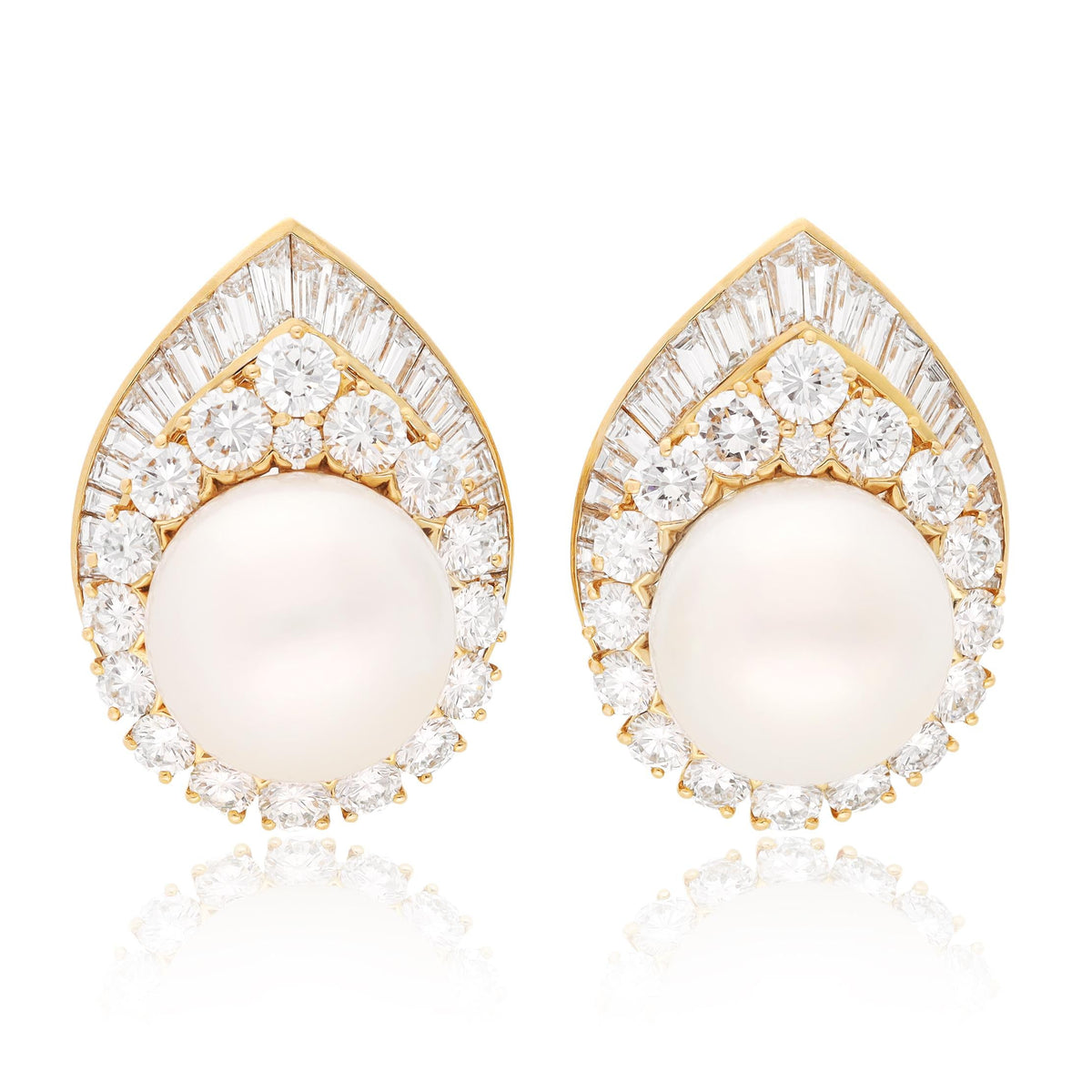 VAN CLEEF & ARPELS 18K Yellow Gold Pearl and Diamond Ear Clips