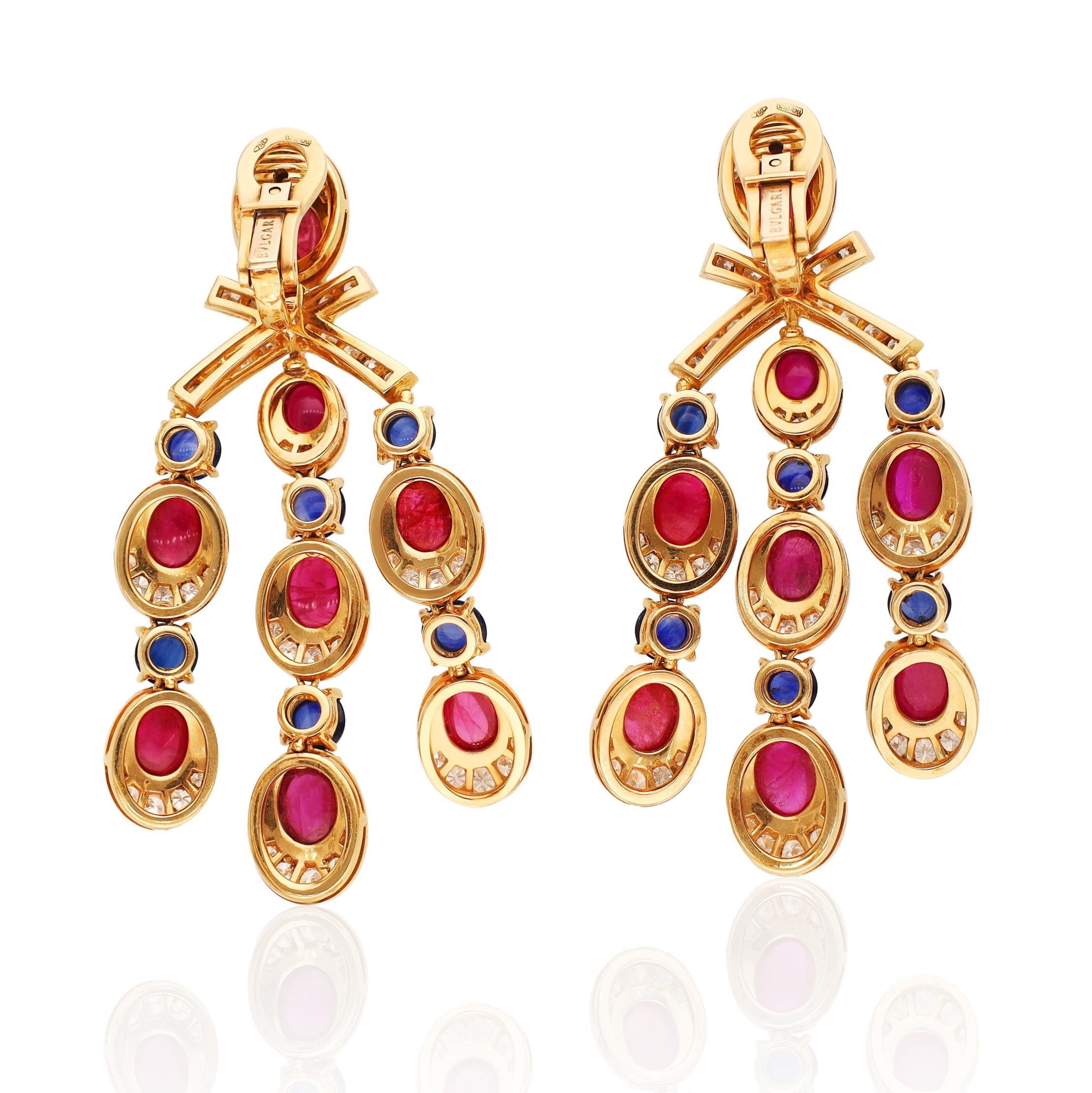 BULGARI 18K Yellow Gold Diamond, Cabochon Ruby and Sapphire Ear Clips