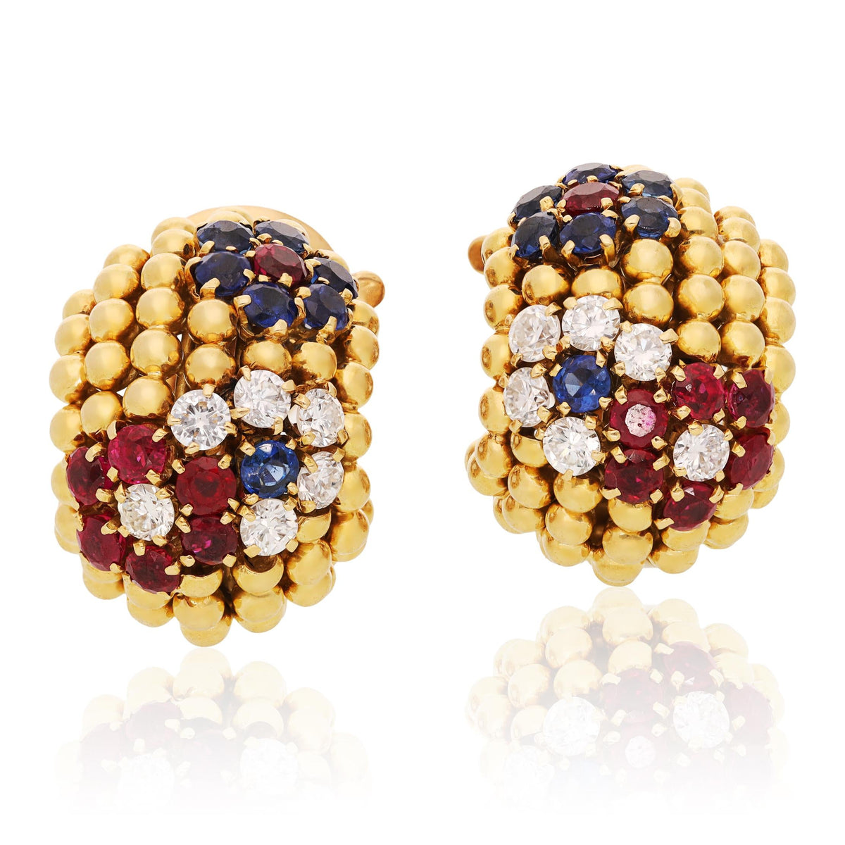 VAN CLEEF & ARPELS 18K Yellow Gold Diamond, Ruby and Sapphire Couscous Ear Clips