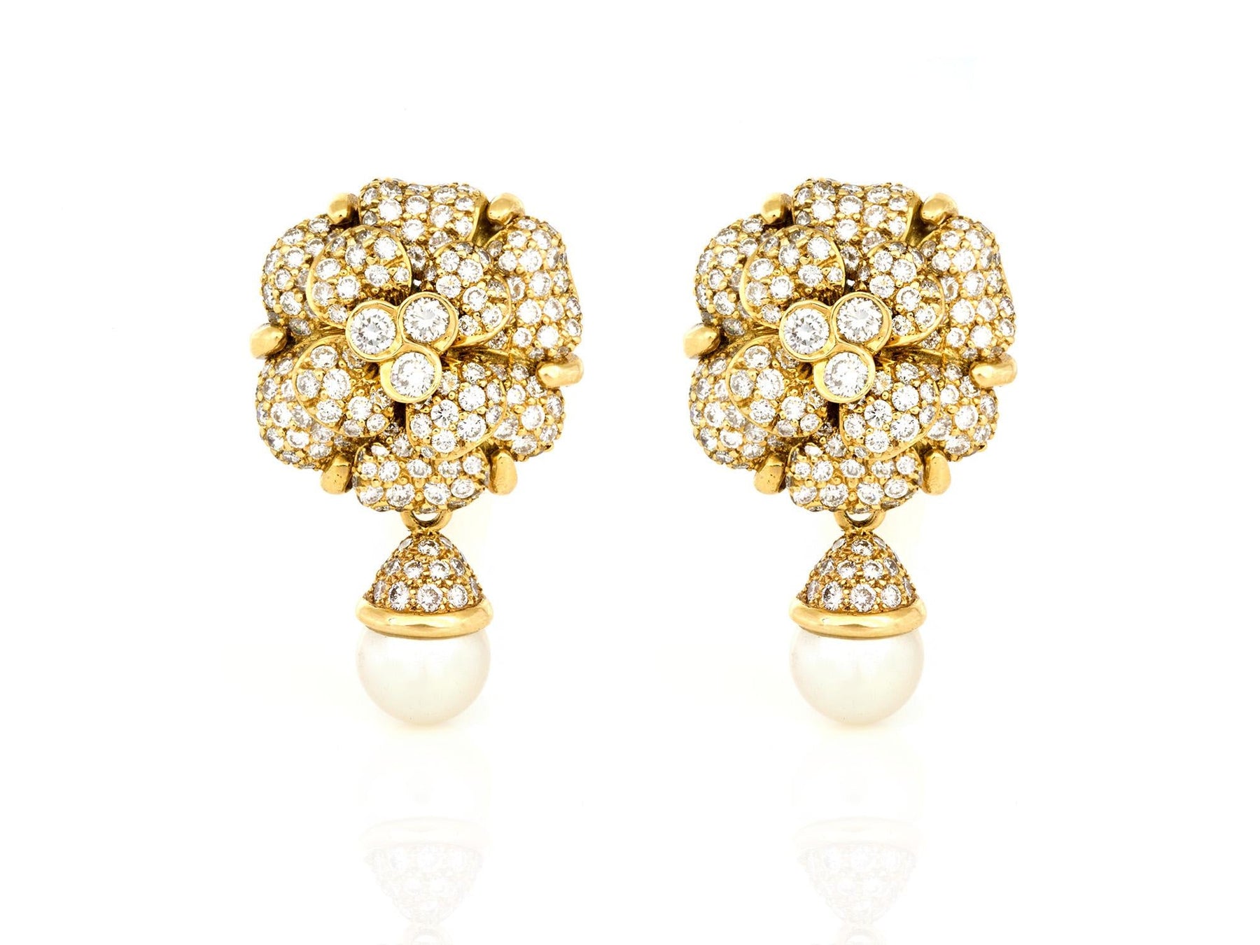 Vintage 1980s Chanel Diamond Camellia Flower Earrings with Pearl Drops