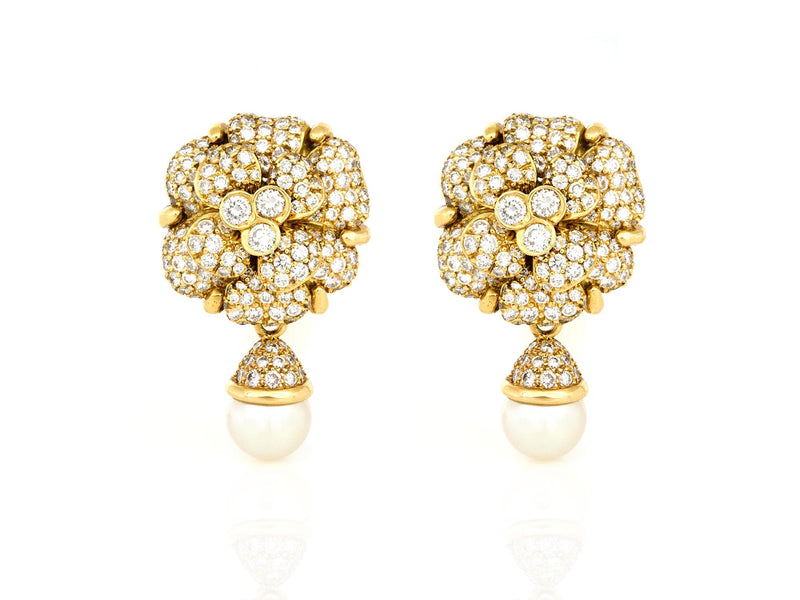 Vintage 1980s Chanel Diamond Camellia Flower Earrings with Pearl Drops