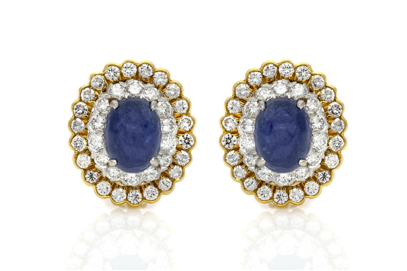 Vintage 1970s David Webb 10.00 Carat Cabochon Sapphire Earrings with Diamonds