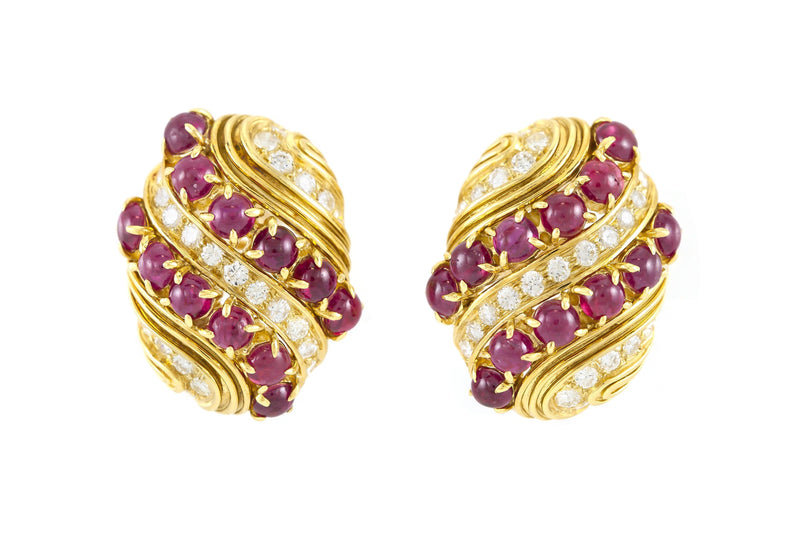 Vintage 1980s Harry Winston Cabochon Ruby and Diamond Earrings