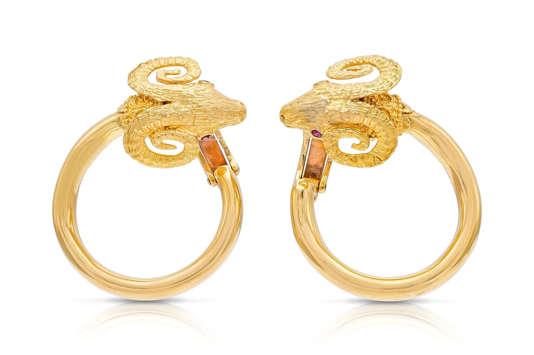 Vintage 1960s Lalaounis Goat Head Hoop Earrings with Rubies