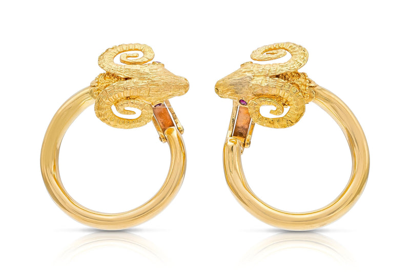 Vintage 1960s Lalaounis Goat Head Hoop Earrings with Rubies