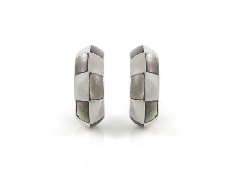 Mauboussin White Gold and Gray Mother of Pearl Checkerboard Huggie Earrings