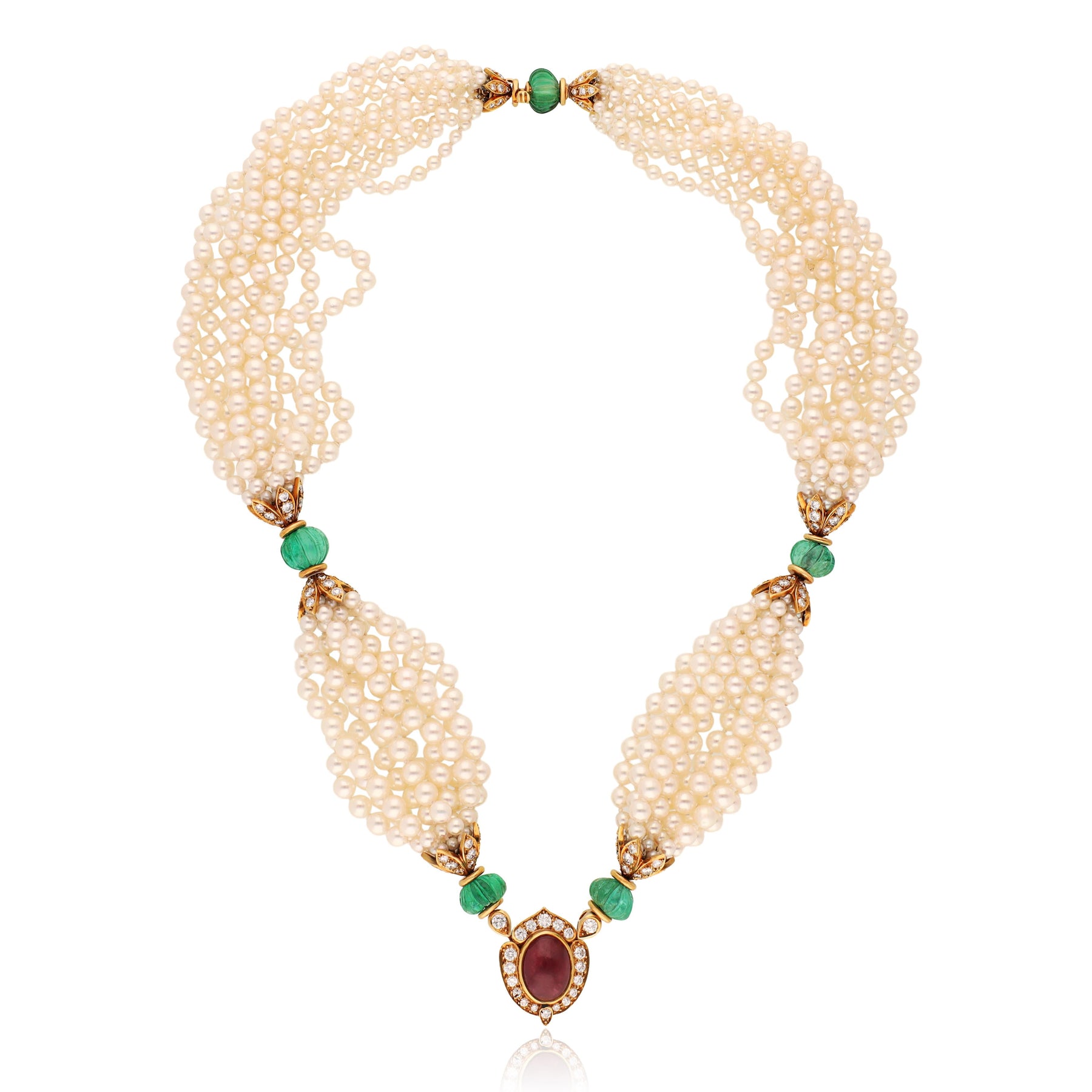 VAN CLEEF & ARPELS Carved Emerald, Cabochon Ruby, Diamond and Pearl Necklace