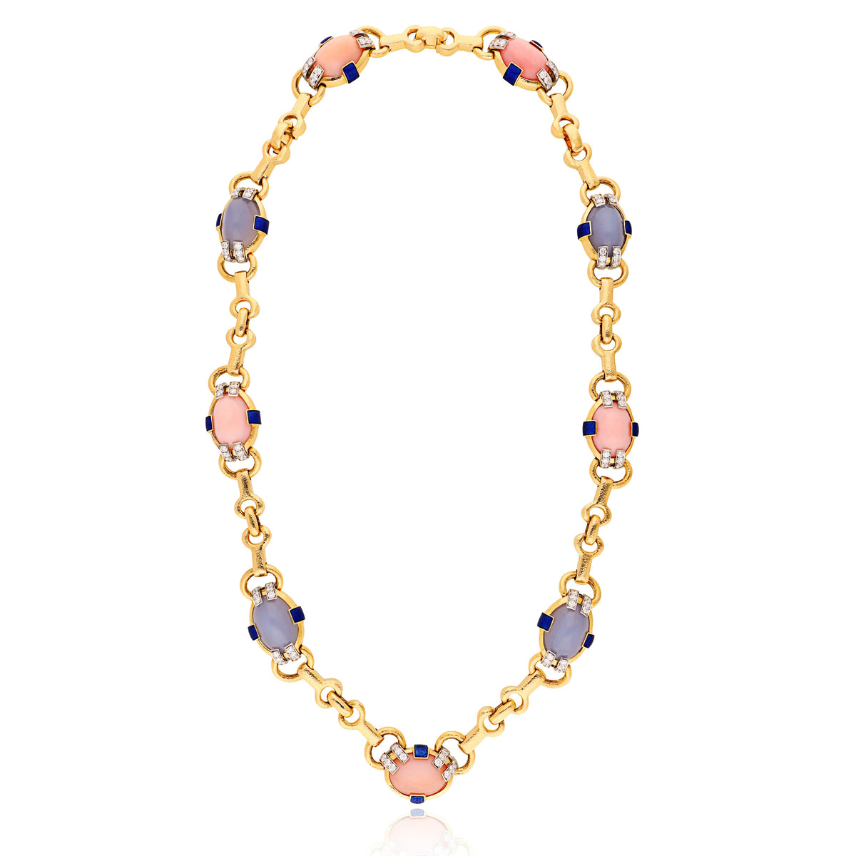 DAVID WEBB Blue Chalcedony, Pink Opal and Diamond Necklace, Pendent and Bracelet