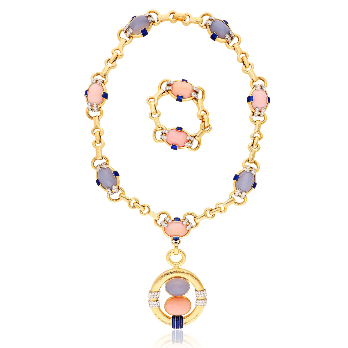 DAVID WEBB Blue Chalcedony, Pink Opal and Diamond Necklace, Pendent and Bracelet