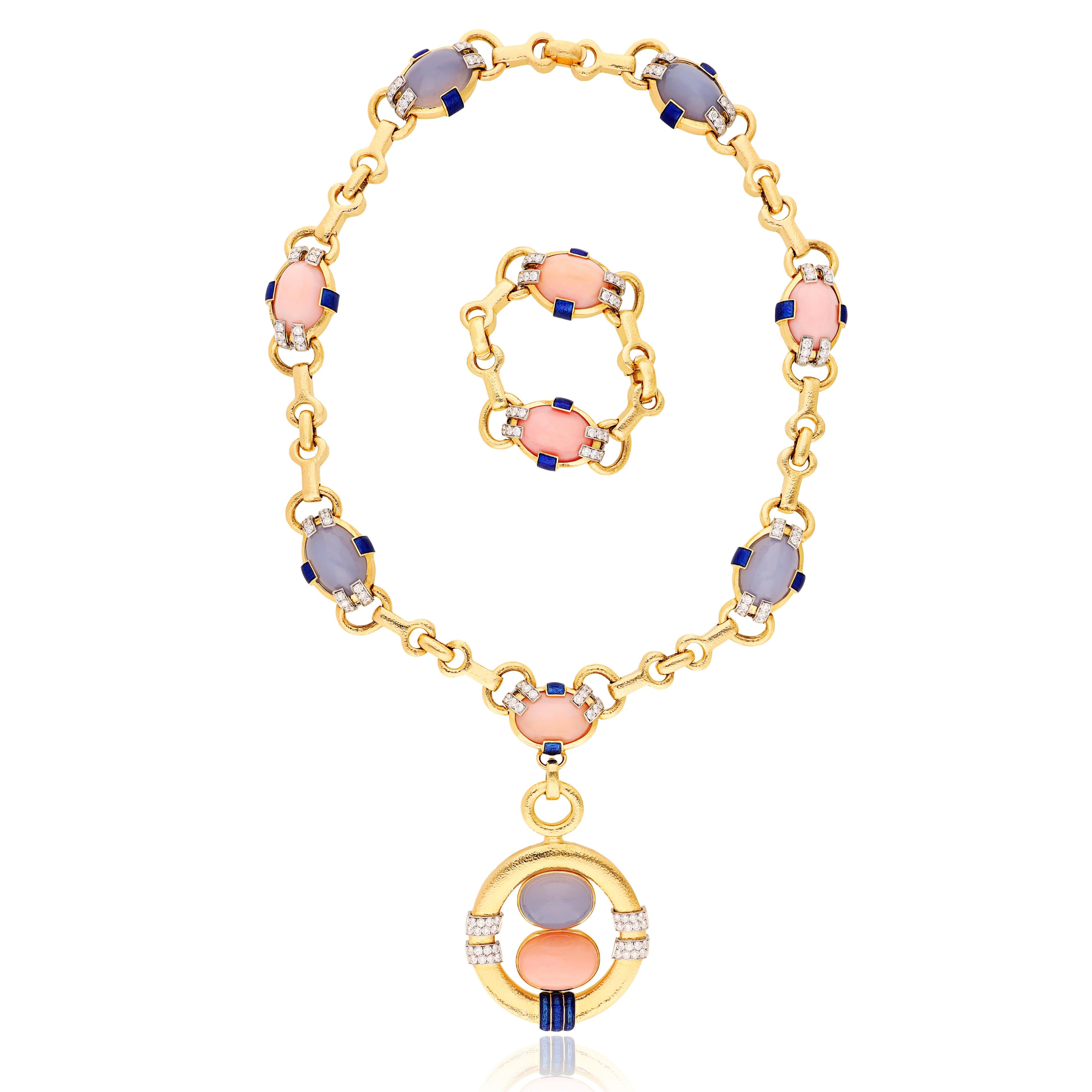 DAVID WEBB Blue Chalcedony, Pink Opal and Diamond Necklace, Pendent and Bracelet