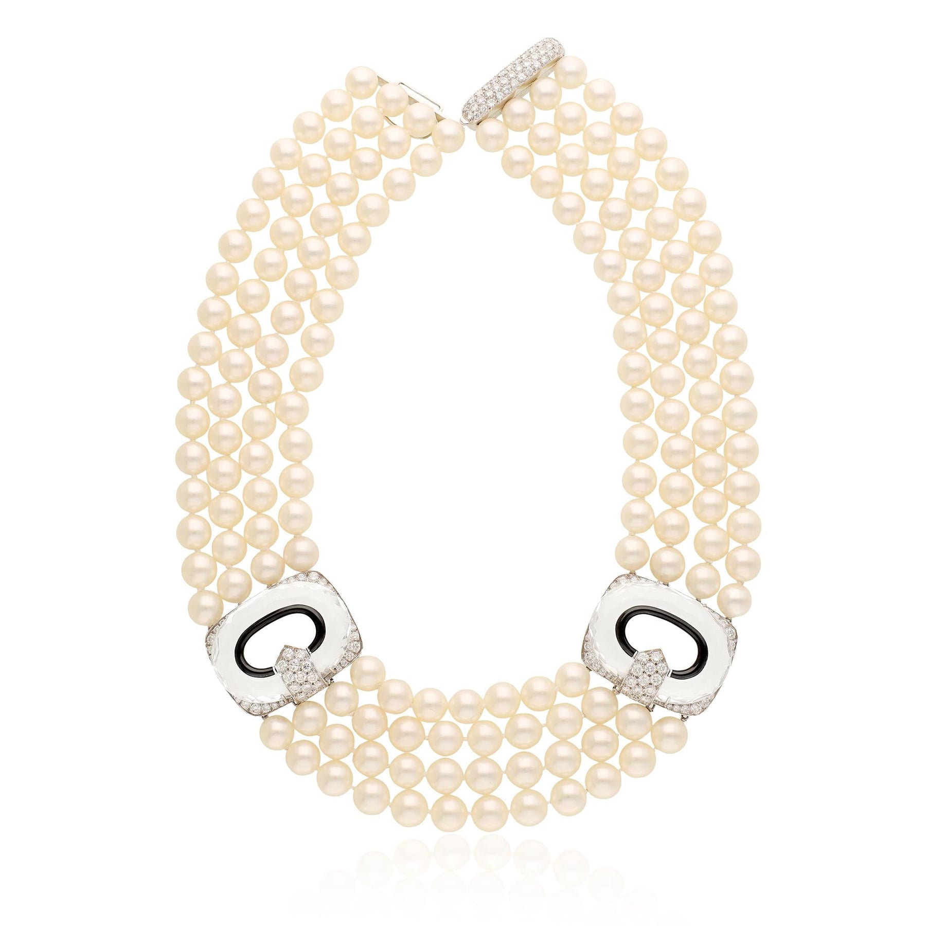 DAVID WEBB 4-Row Pearl, Rock Crystal, Black Enamel, and Diamond Necklace