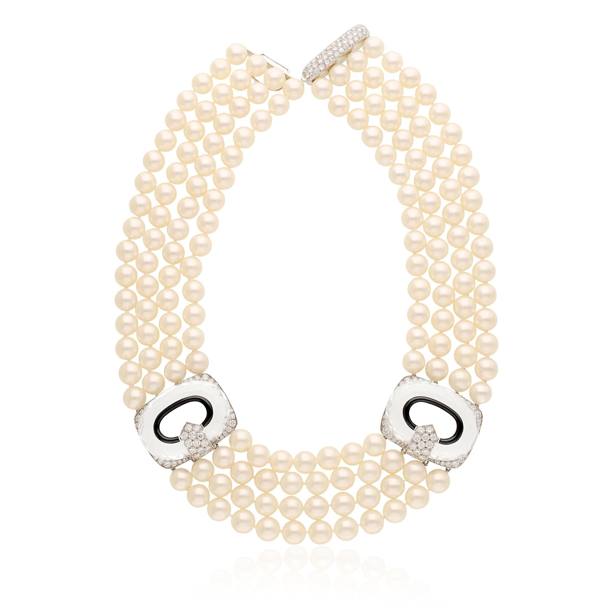 DAVID WEBB 4-Row Pearl, Rock Crystal, Black Enamel, and Diamond Necklace