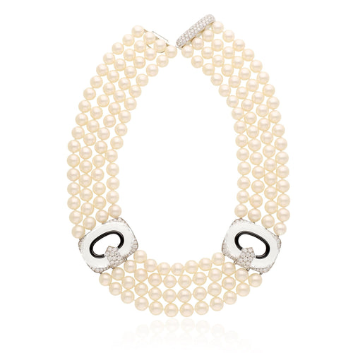DAVID WEBB 4-Row Pearl, Rock Crystal, Black Enamel, and Diamond Necklace