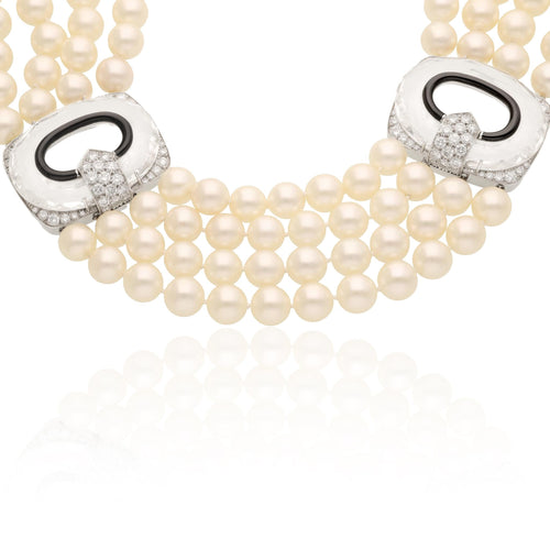 DAVID WEBB 4-Row Pearl, Rock Crystal, Black Enamel, and Diamond Necklace