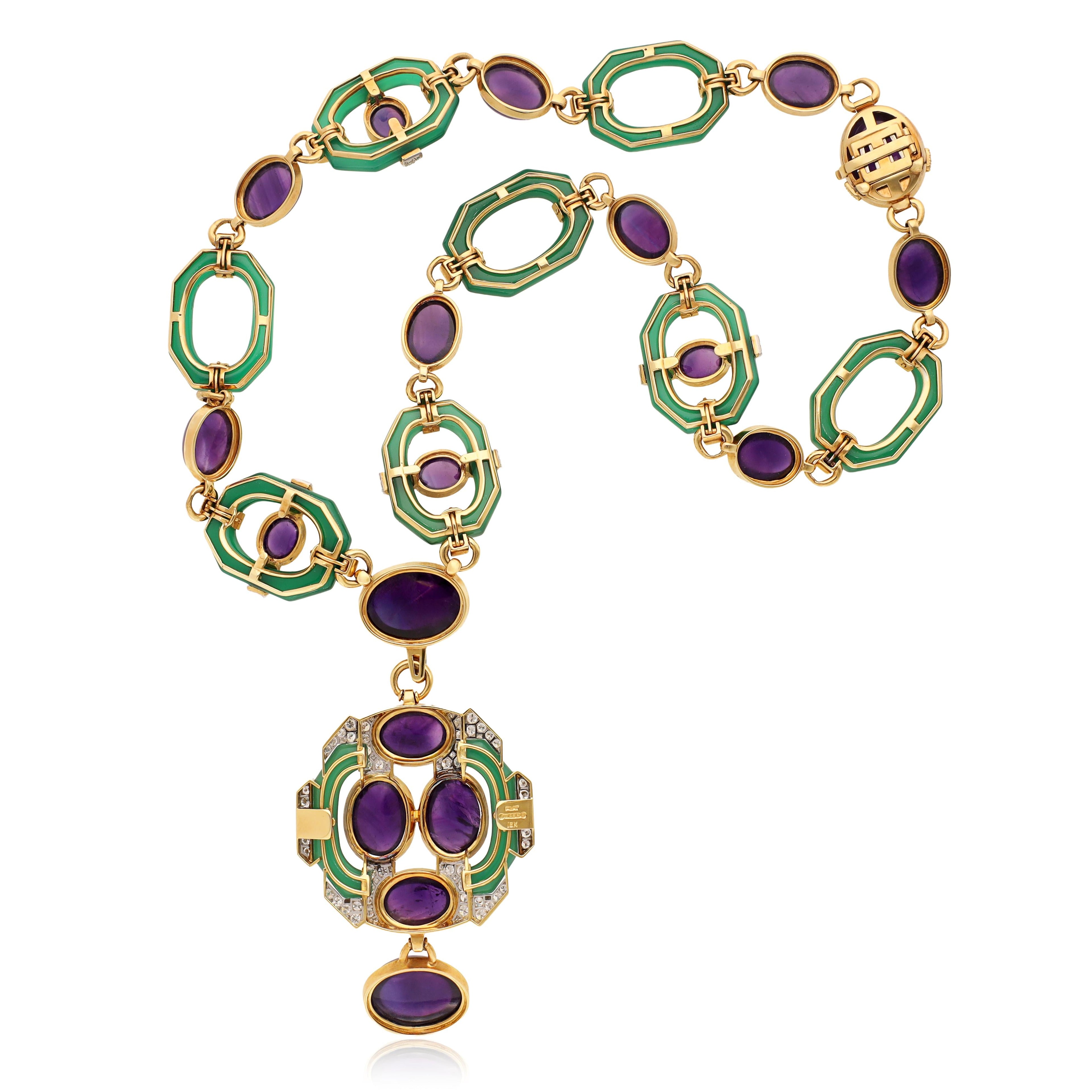 DAVID WEBB Cabochon Amethyst, Chrysoprase and Diamond Necklace