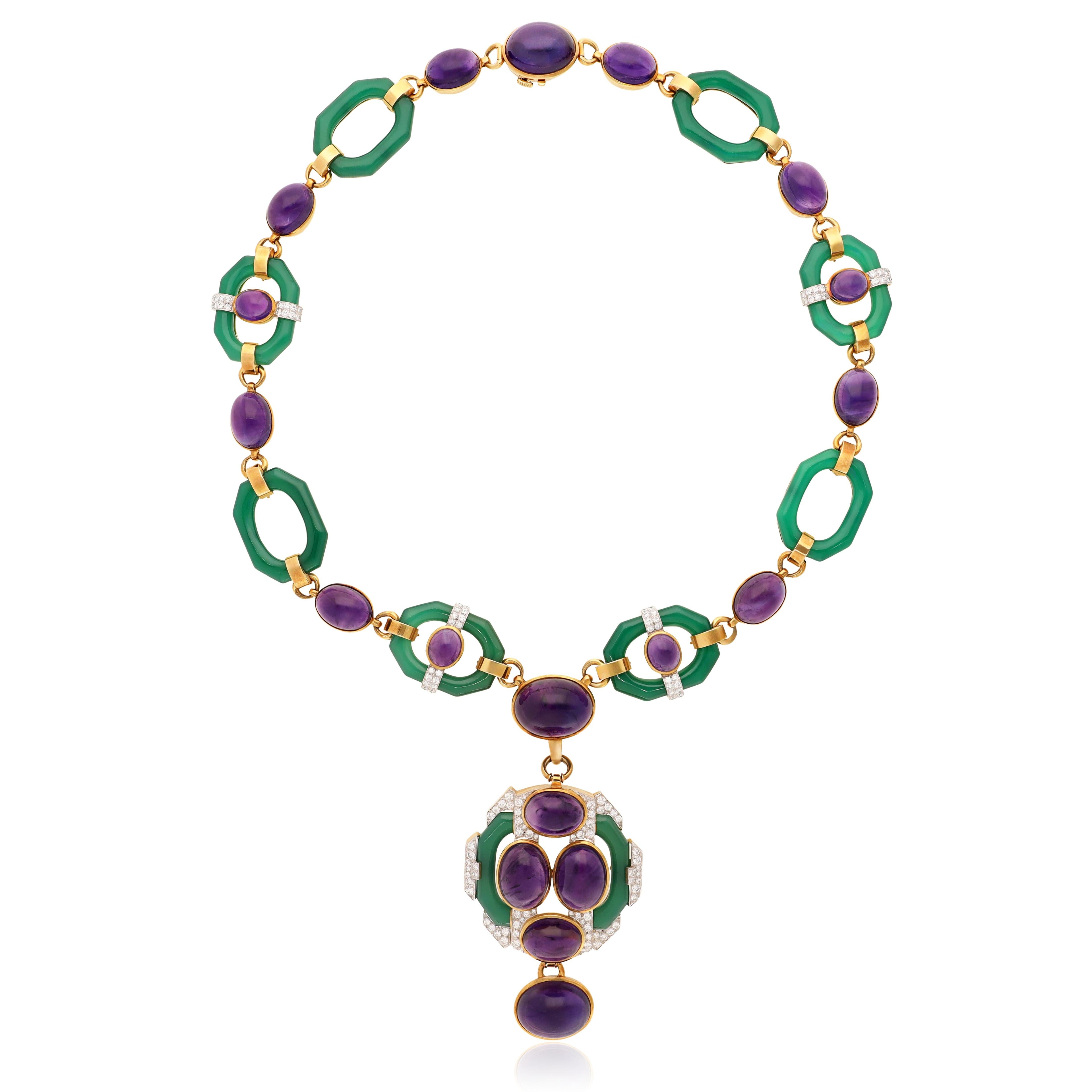 DAVID WEBB Cabochon Amethyst, Chrysoprase and Diamond Necklace