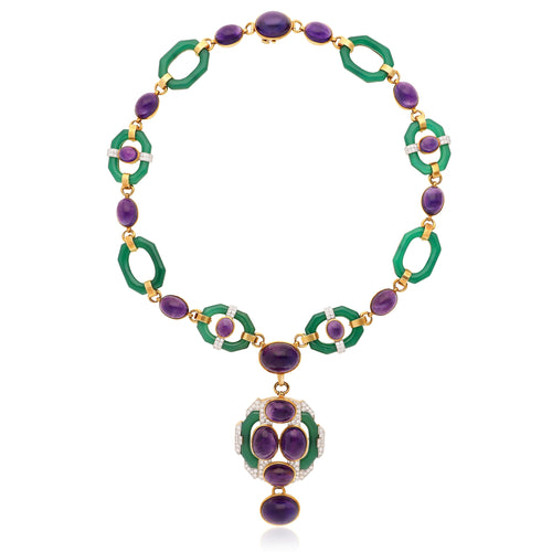 DAVID WEBB Cabochon Amethyst, Chrysoprase and Diamond Necklace