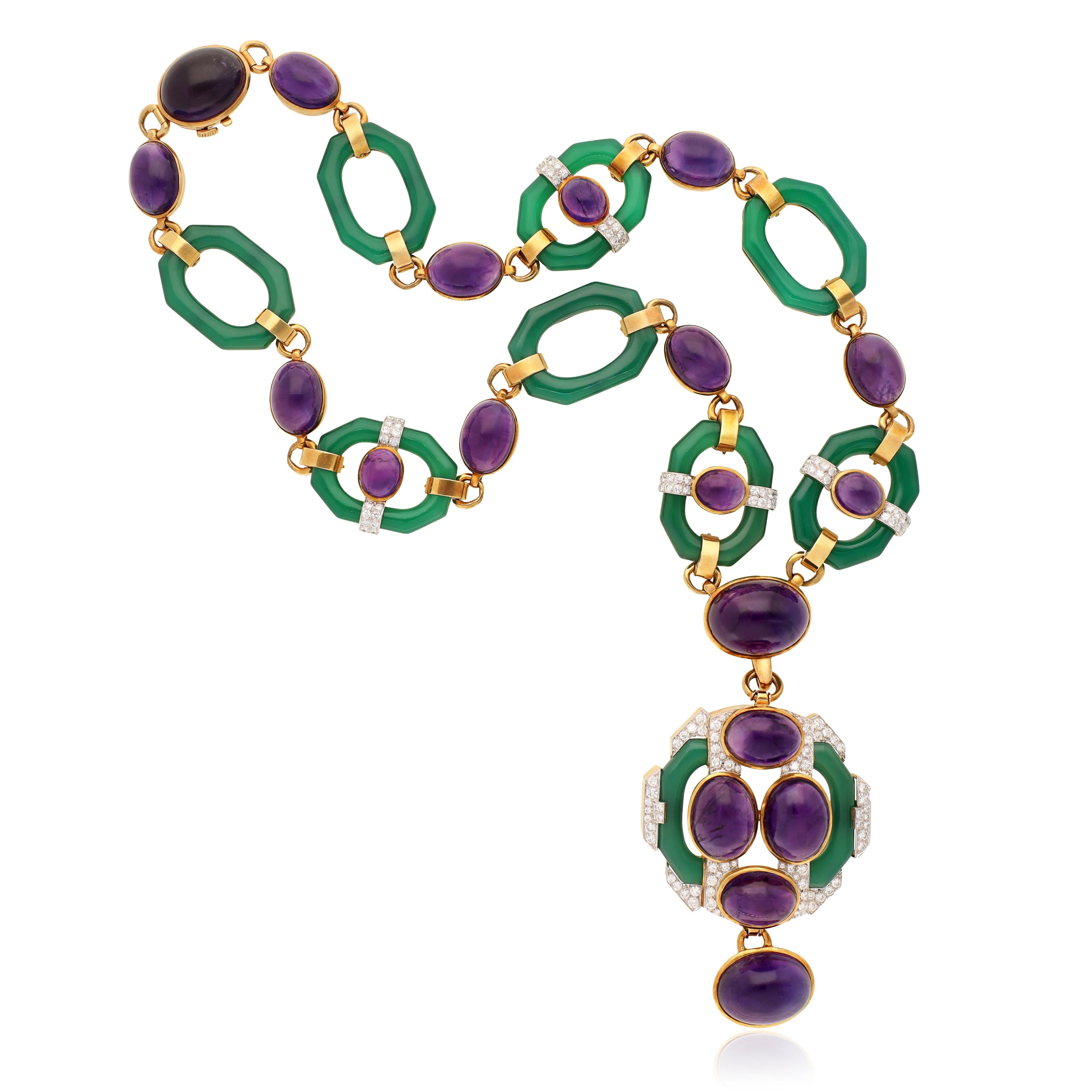 DAVID WEBB Cabochon Amethyst, Chrysoprase and Diamond Necklace