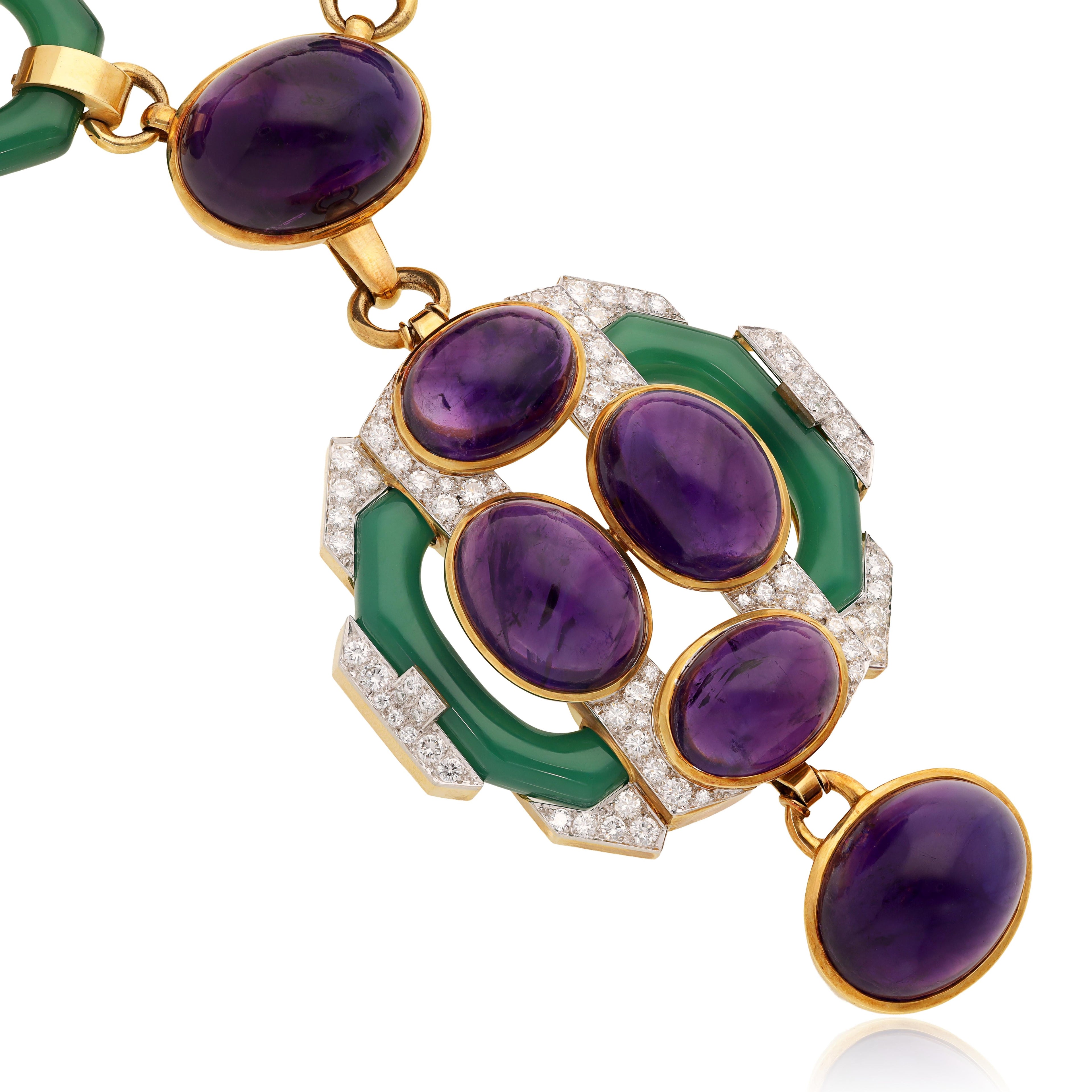 DAVID WEBB Cabochon Amethyst, Chrysoprase and Diamond Necklace