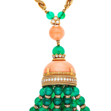 VAN CLEEF & ARPELS GREEN CHALCEDONY, CORAL AND DIAMOND TASSEL NECKLACE
