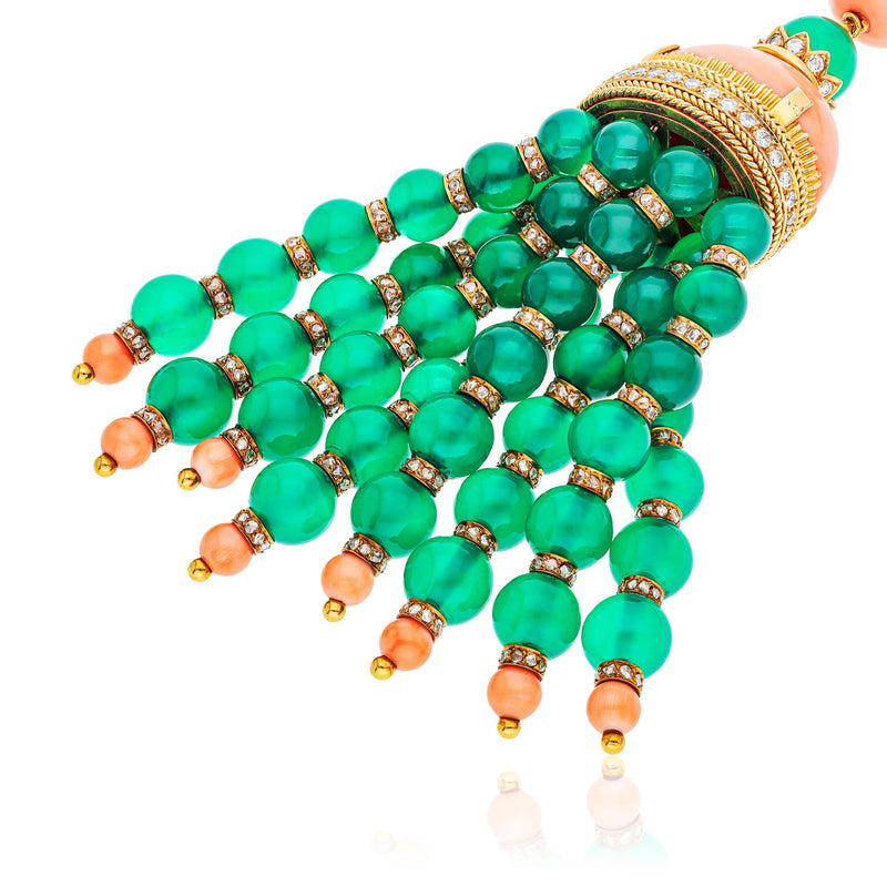 VAN CLEEF & ARPELS GREEN CHALCEDONY, CORAL AND DIAMOND TASSEL NECKLACE