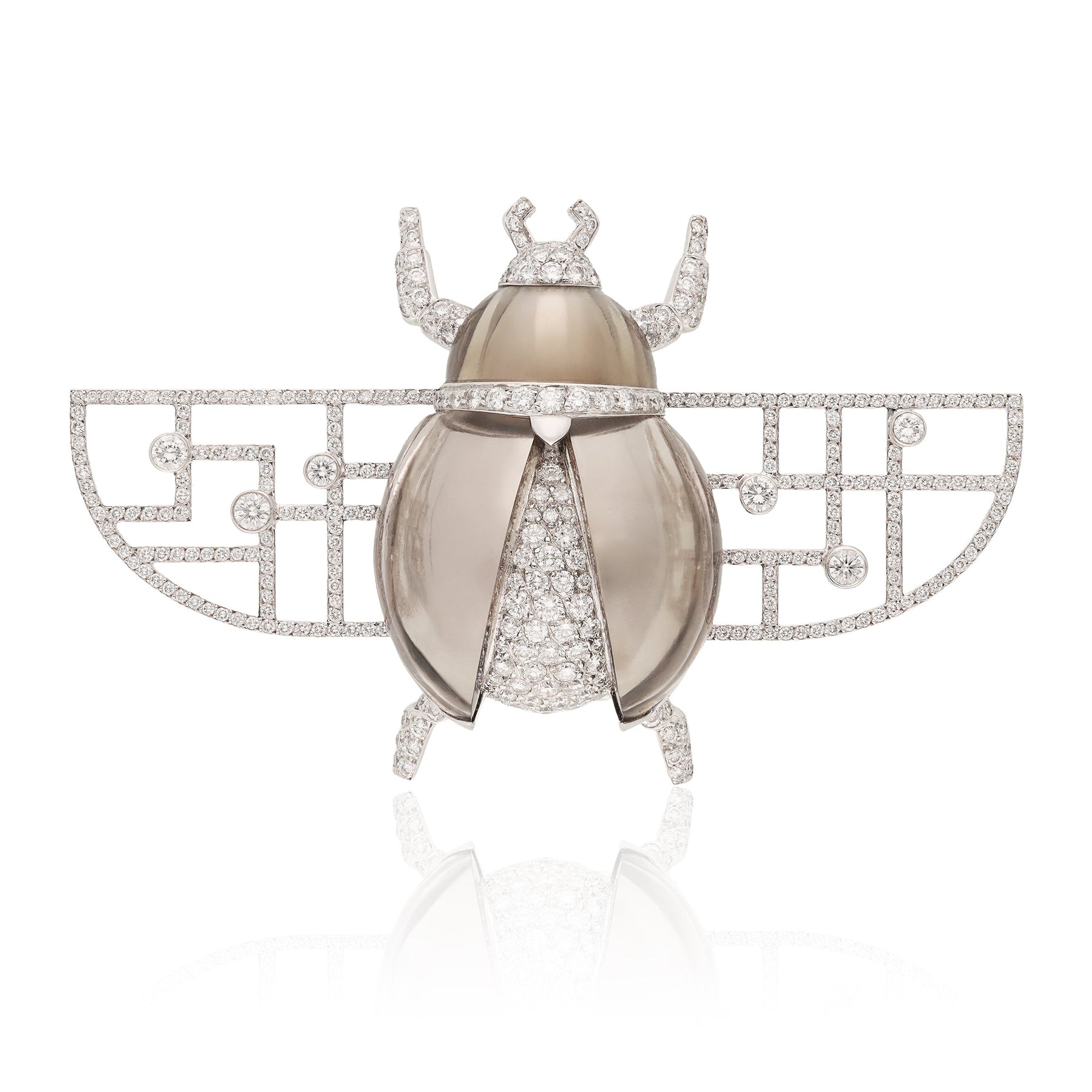 CARTIER 18K White Gold, Smoky Quartz and Diamond “Scarab” Brooch