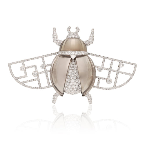 CARTIER 18K White Gold, Smoky Quartz and Diamond “Scarab” Brooch