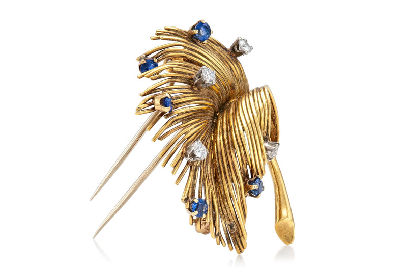Vintage 1940s Retro Tiffany & Co. Leaf Brooch with Sapphires and Diamonds
