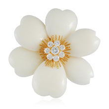 VAN CLEEF & ARPELS 18K Yellow Gold Diamond and White Coral Rose de Noël Brooch