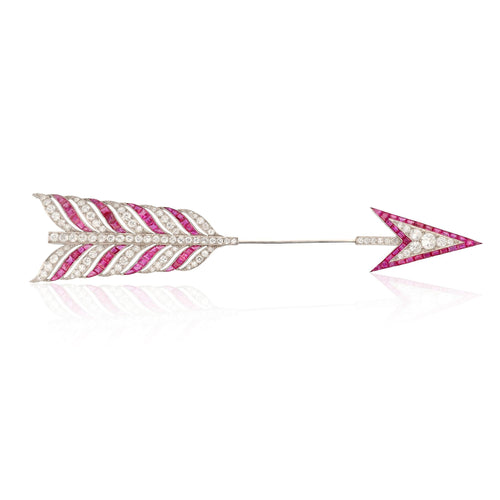 BULGARI Platinum, Ruby, and Diamond Art Deco Arrow Brooch