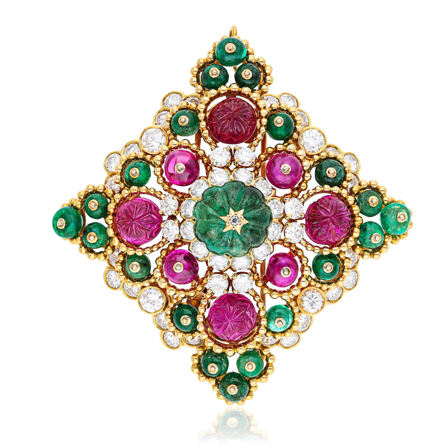 VAN CLEEF & ARPELS Carved Emerald, Ruby, Emerald & Ruby Bead, And Diamond Brooch