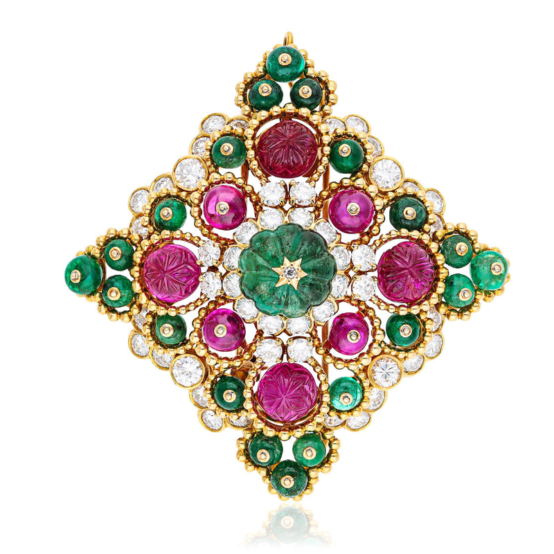 VAN CLEEF & ARPELS Carved Emerald, Ruby, Emerald & Ruby Bead, And Diamond Brooch