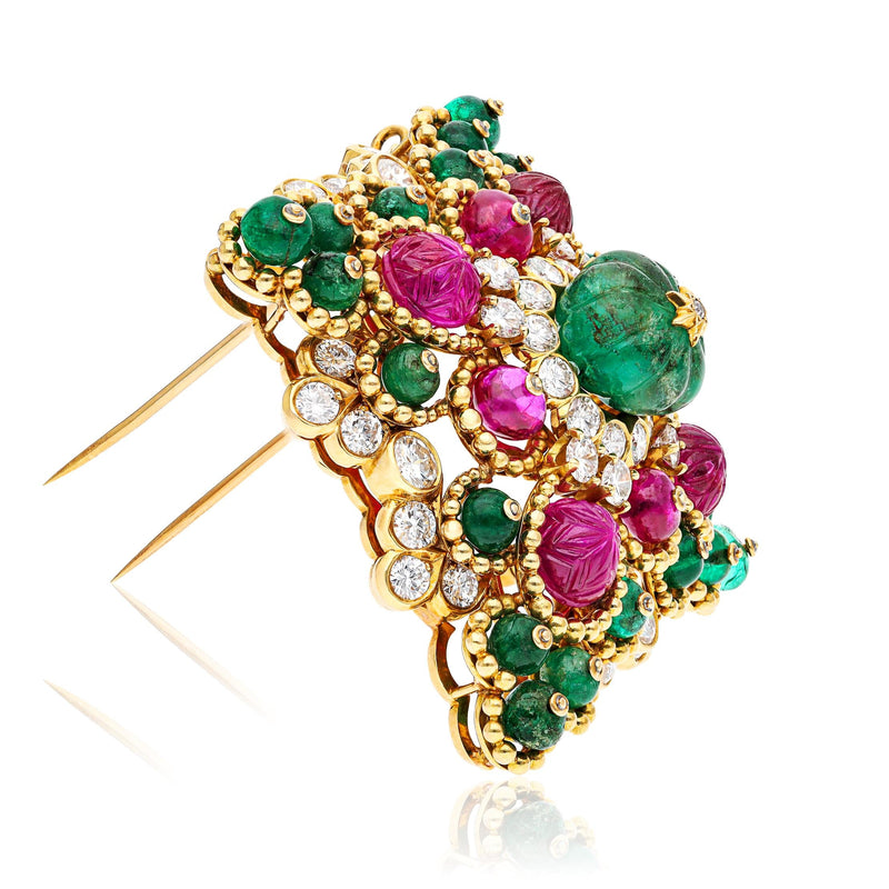 VAN CLEEF & ARPELS Carved Emerald, Ruby, Emerald & Ruby Bead, And Diamond Brooch