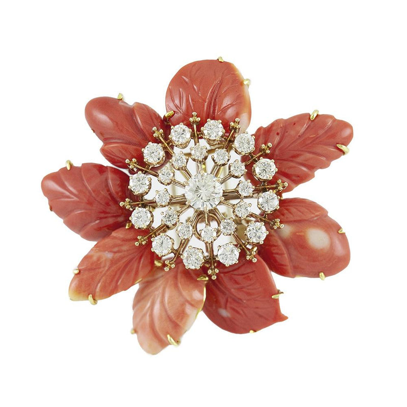 Vintage 1960s David Webb Carved Coral Flower Brooch with Diamonds