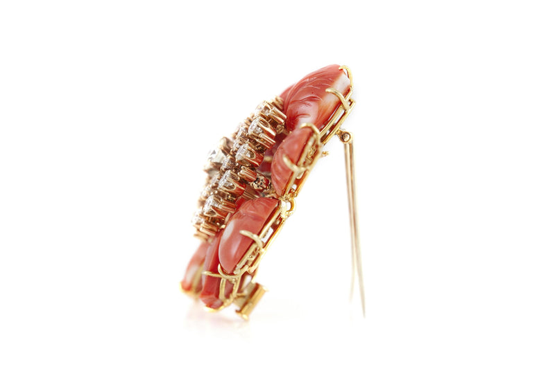 Vintage 1960s David Webb Carved Coral Flower Brooch with Diamonds