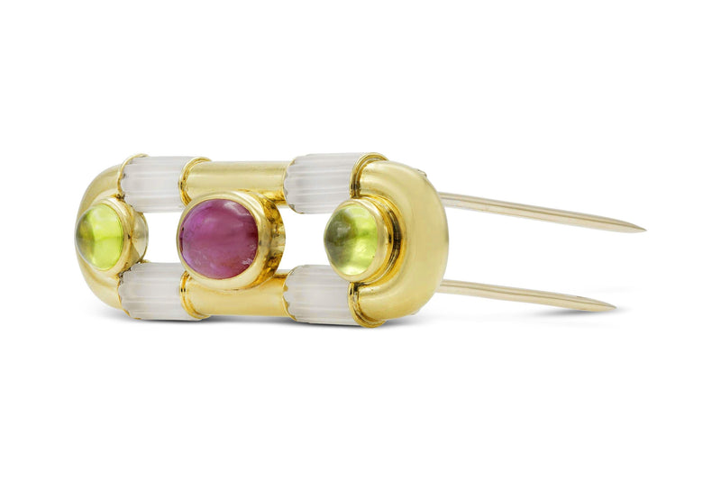 Vintage 1980s Bvlgari Cabochon Ruby Tourmaline and Crystal Pin