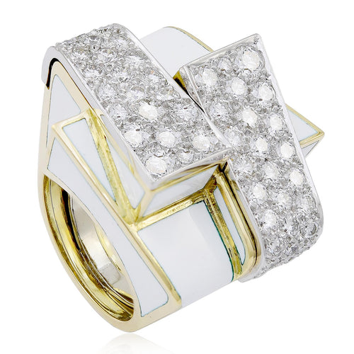 DAVID WEBB 18K Yellow Gold and Platinum Diamond and White Enamel Ski Slope Ring