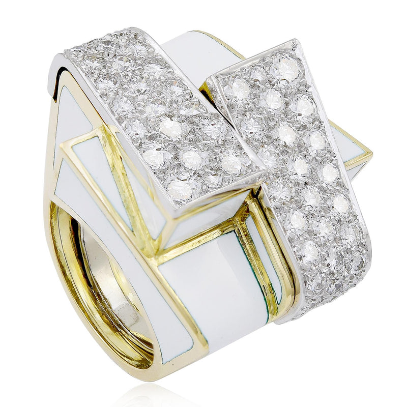 DAVID WEBB 18K Yellow Gold and Platinum Diamond and White Enamel Ski Slope Ring