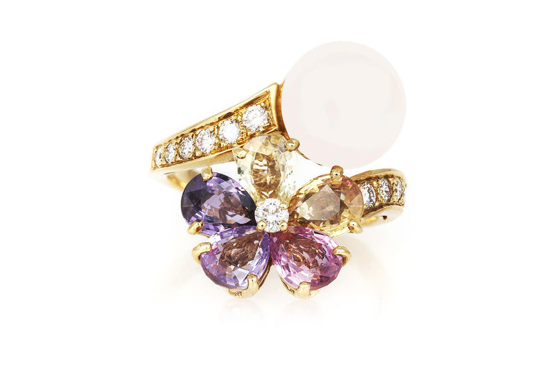 Bvlgari Contraire Pearl and Multi-Color Sapphire Flower Ring with Diamonds
