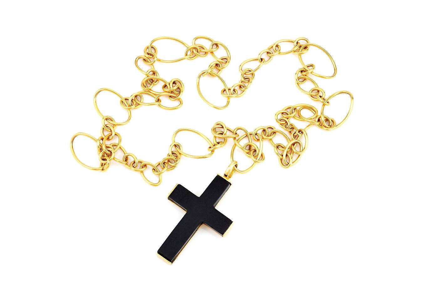 Faraone Mennella Wood & Gold Cross Pendant Link Necklace