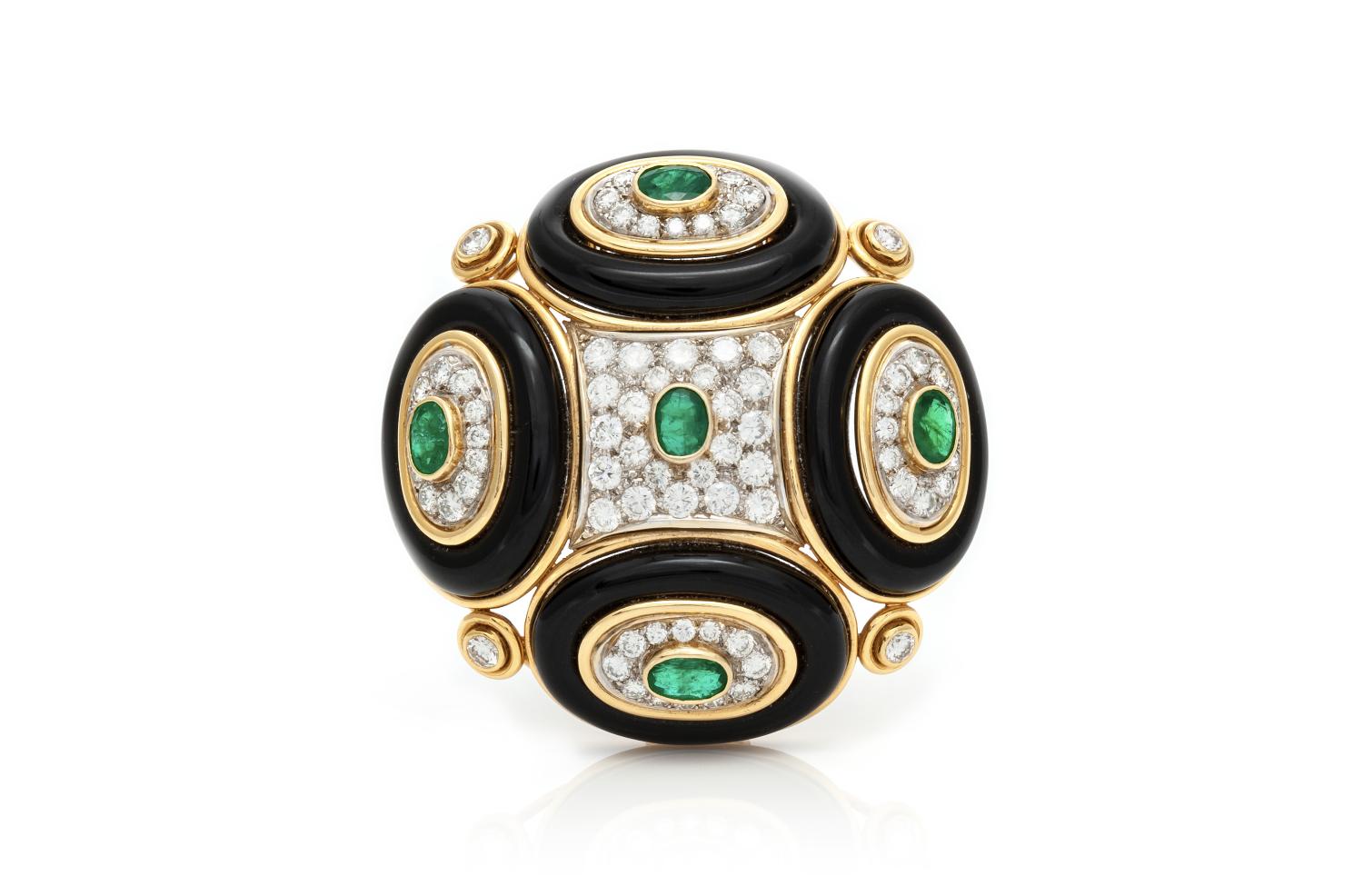 Vintage 1980s Onyx, Diamond & Emerald Brooch