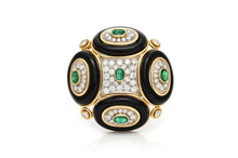 Vintage 1980s Onyx, Diamond & Emerald Brooch