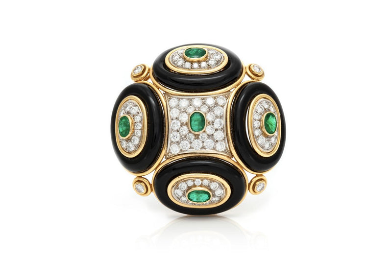 Vintage 1980s Onyx, Diamond & Emerald Brooch